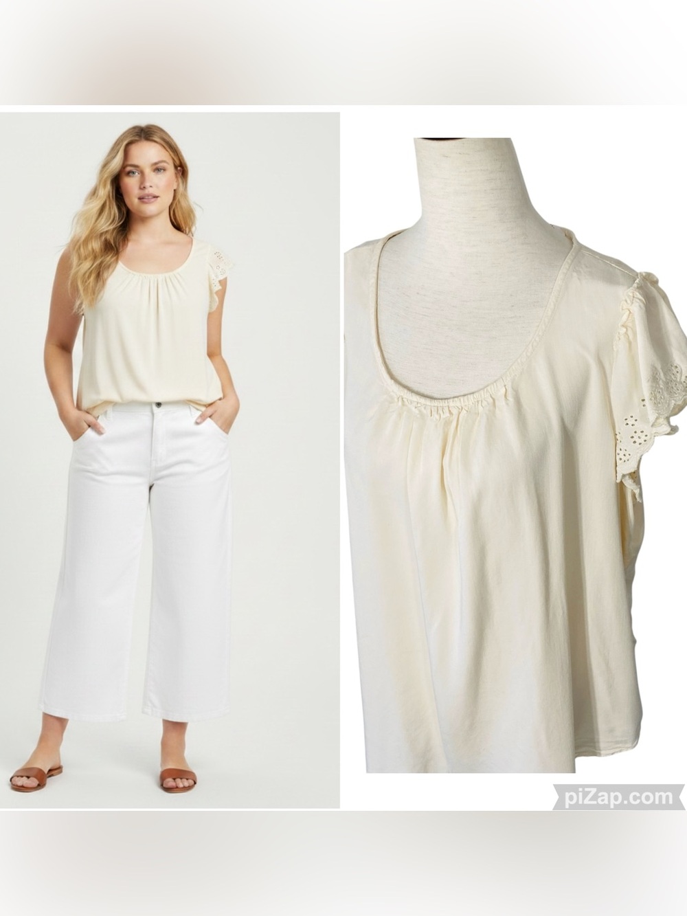 LC LAUREN CONRAD Beige Eyelet Sleeve Blouse